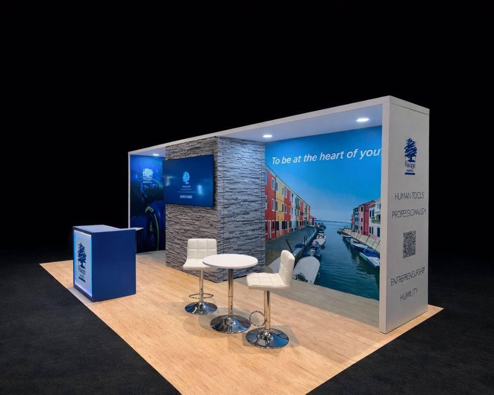 Flavago custom trade show booth with modern design and branded display by Local Exhibits