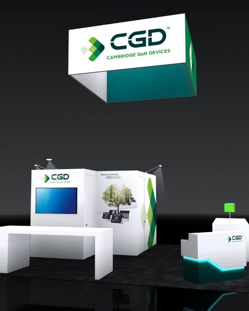 Cambridge GaN Devices (CGD) custom trade show booth with branded display and digital screen by Local Exhibits