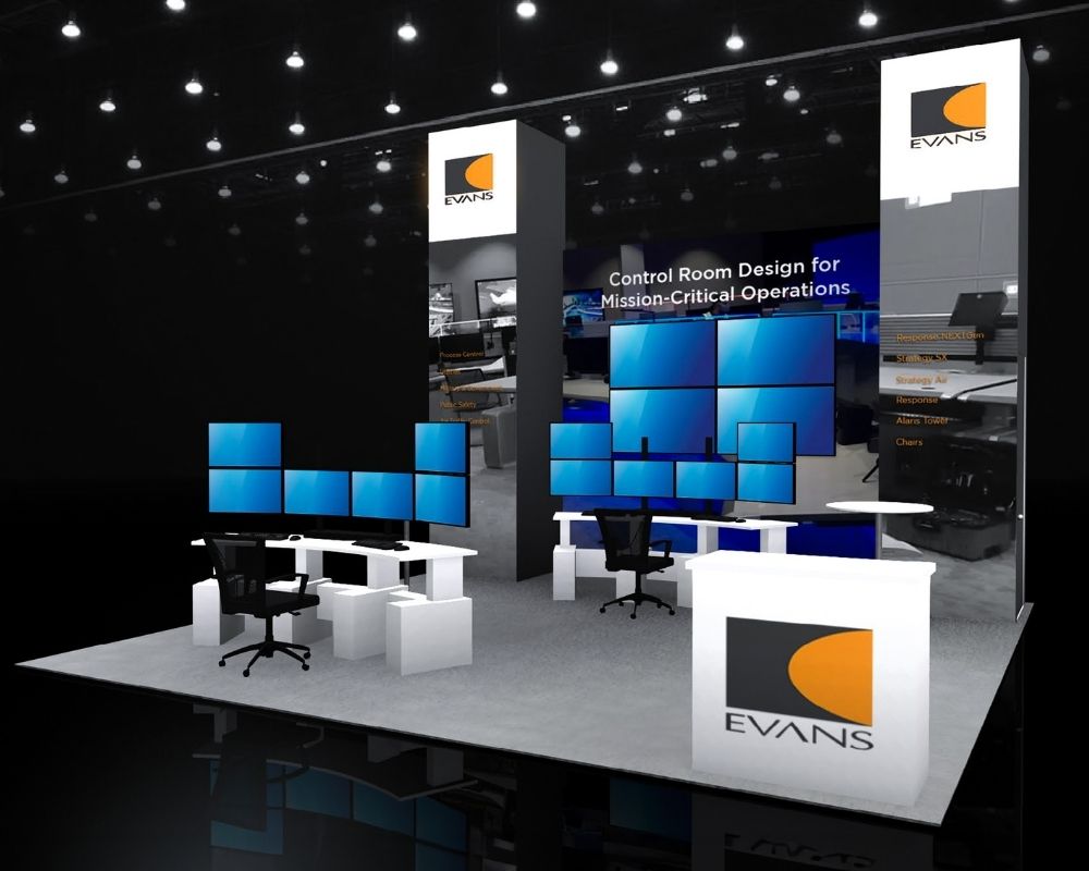 Evans trade show booth with control room displays and branded signage by Local Exhibits