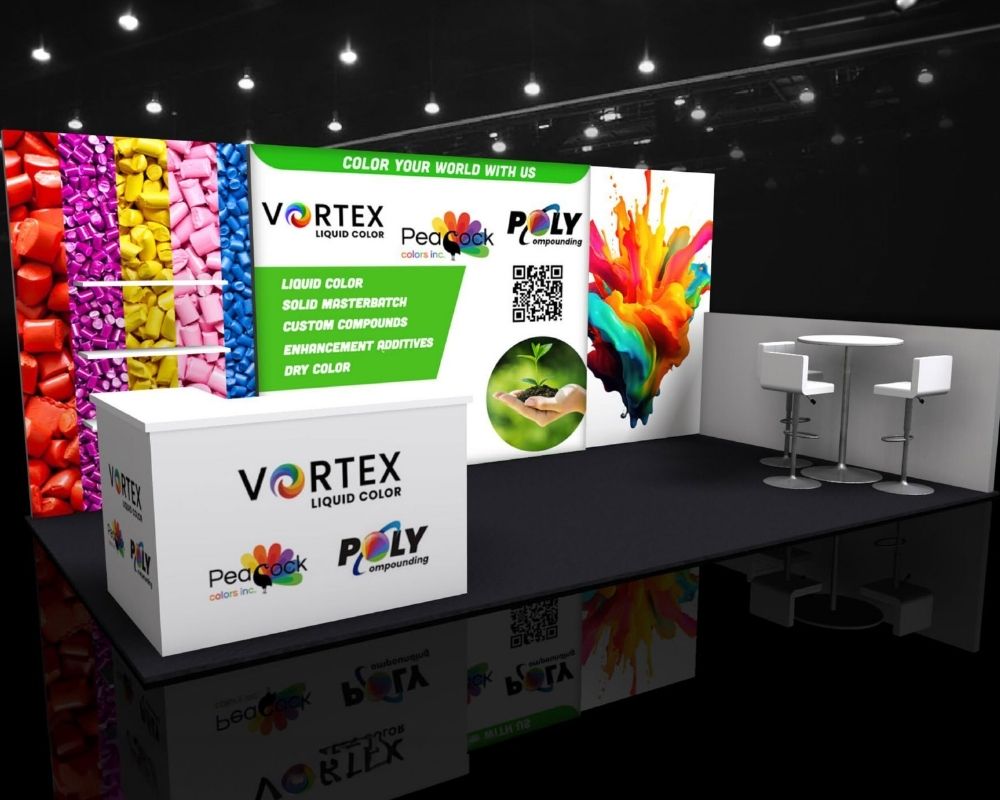 Vortex Liquid Color trade show booth with vibrant product display and branded counters by Local Exhibits
