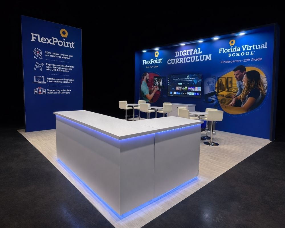 FlexPoint trade show booth with digital curriculum display and branded signage by Local Exhibits
