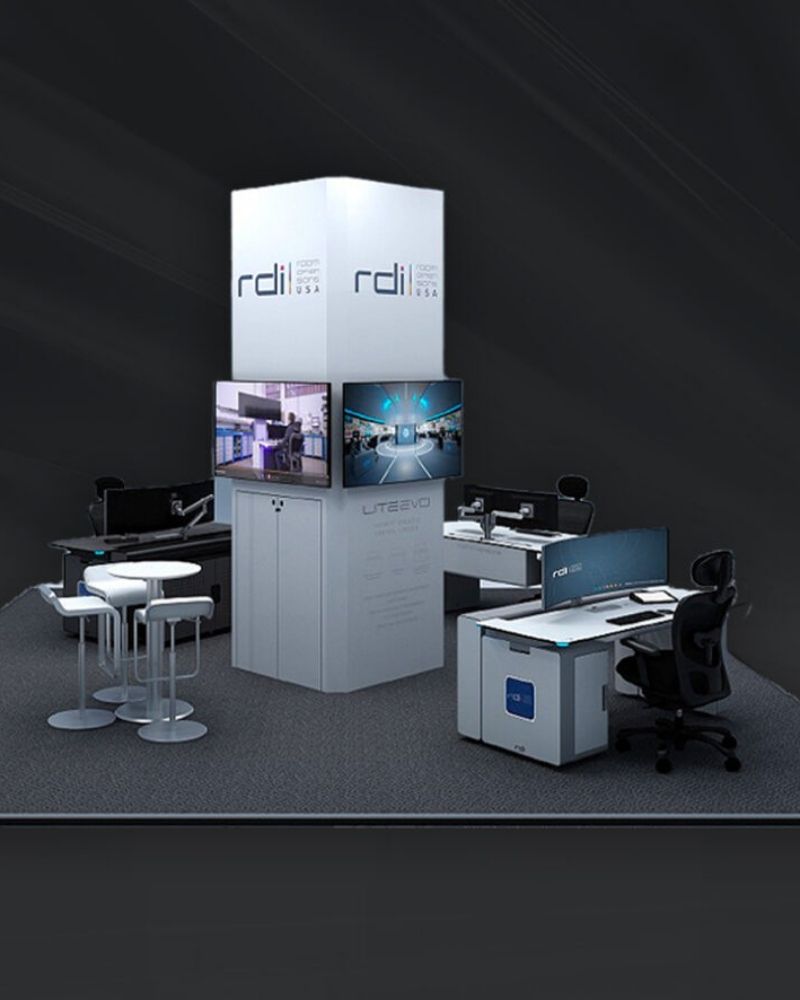 RDLI USA trade show booth with central display tower and workstation setup by Local Exhibits