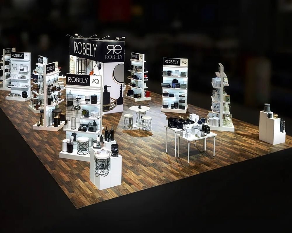 Robely retail-style trade show booth with product display shelving by Local Exhibits