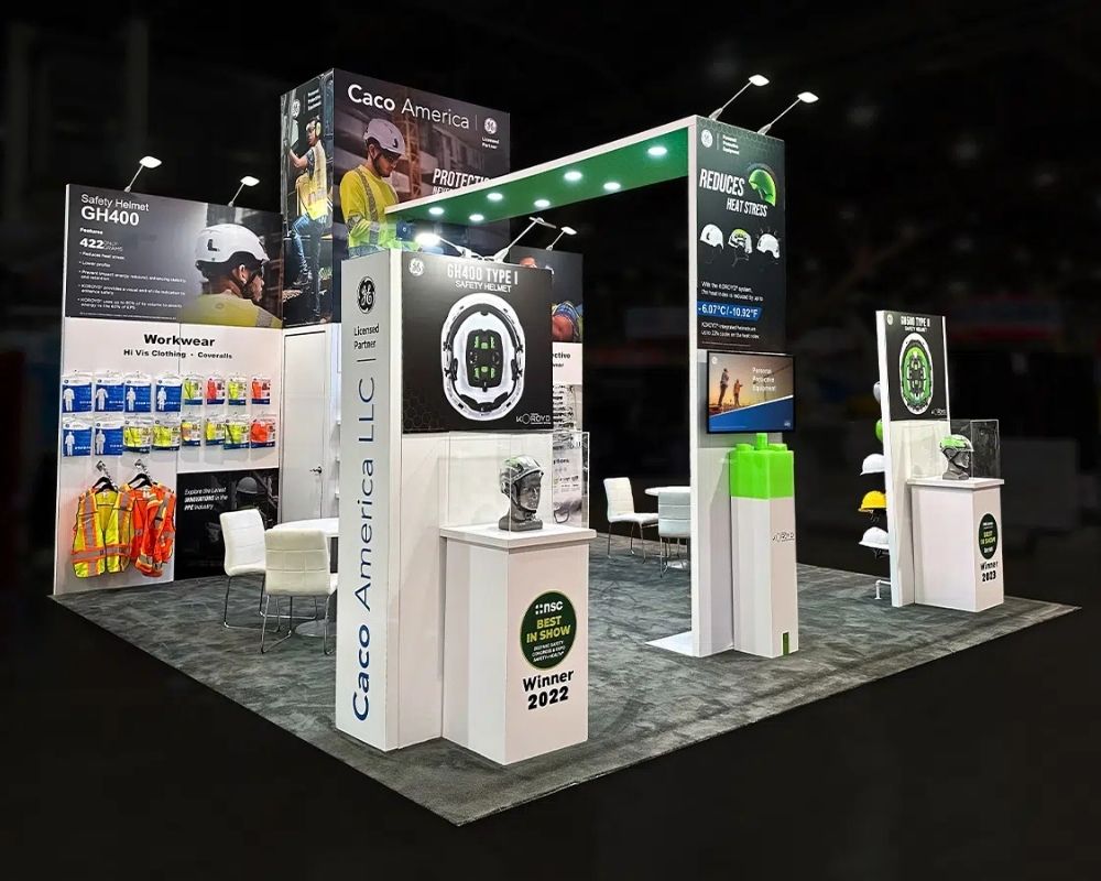 Caco America trade show booth with product displays and branded exhibit design by Local Exhibits