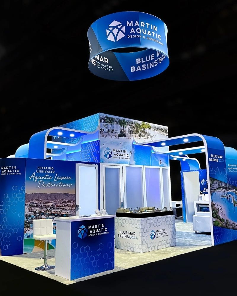 Martin Aquatic Blue Mar Basins custom trade show booth with overhead signage by Local Exhibits