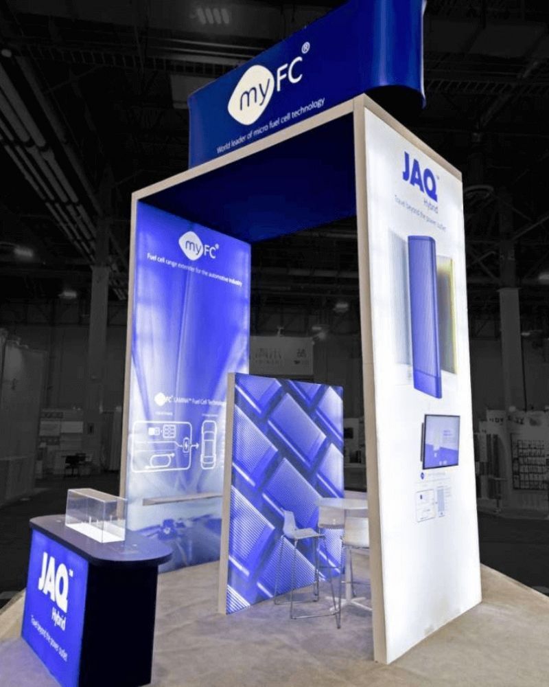 myFC and JAQ branded trade show booth with illuminated display by Local Exhibits