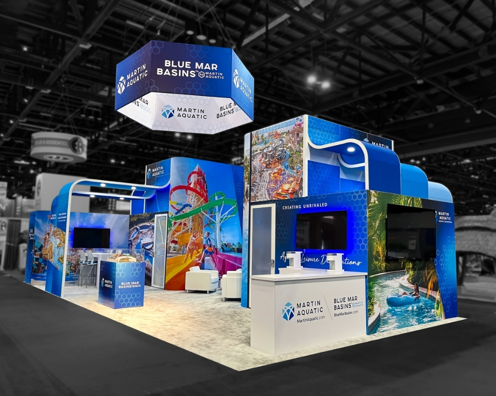 Martin Aquatic custom trade show exhibit with Blue Mar Basins branded booth by Local Exhibits